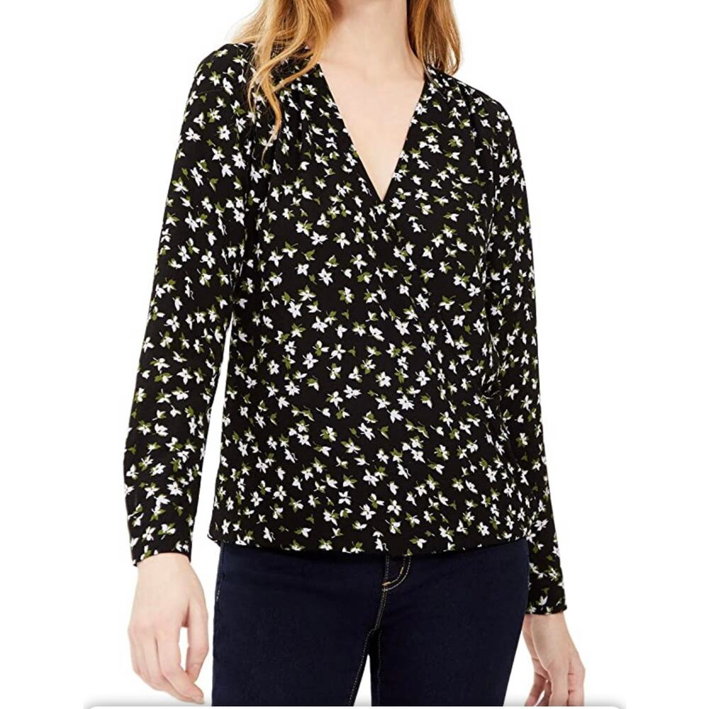 A22) Michael Kors Lily Floral Print Surplice Neck Wrap Black White size XS